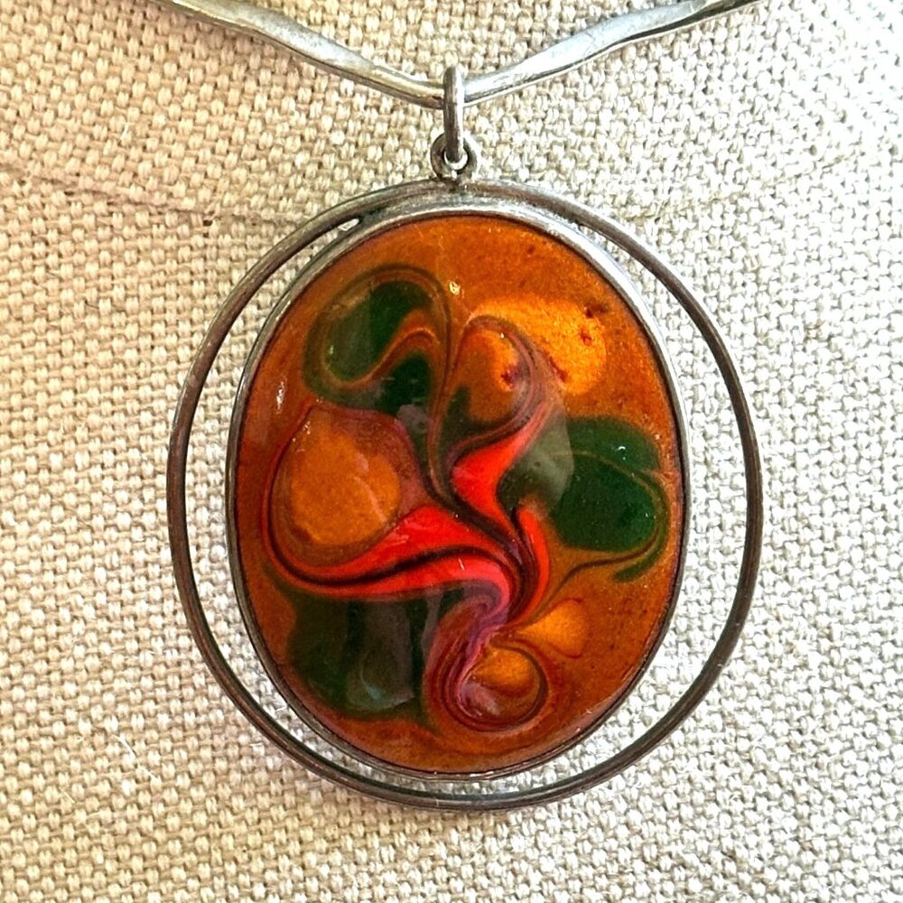 Reverse Painted Pendant, Sterling Silver, Vintage Israel 925